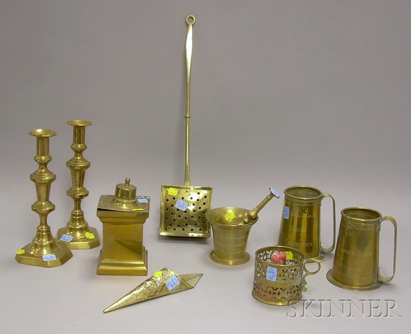 Appraisal: Ten Decorative Brass Hearth and Table Items a chestnut roaster