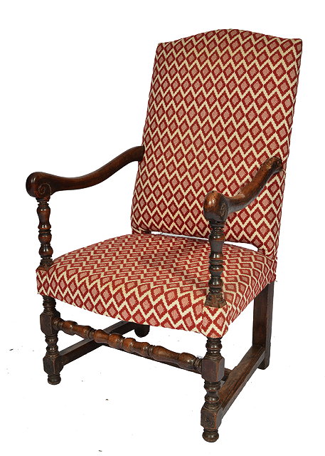 Appraisal: A TH CENTURY WALNUT FRAME HIGH BACK ARMCHAIR with ring