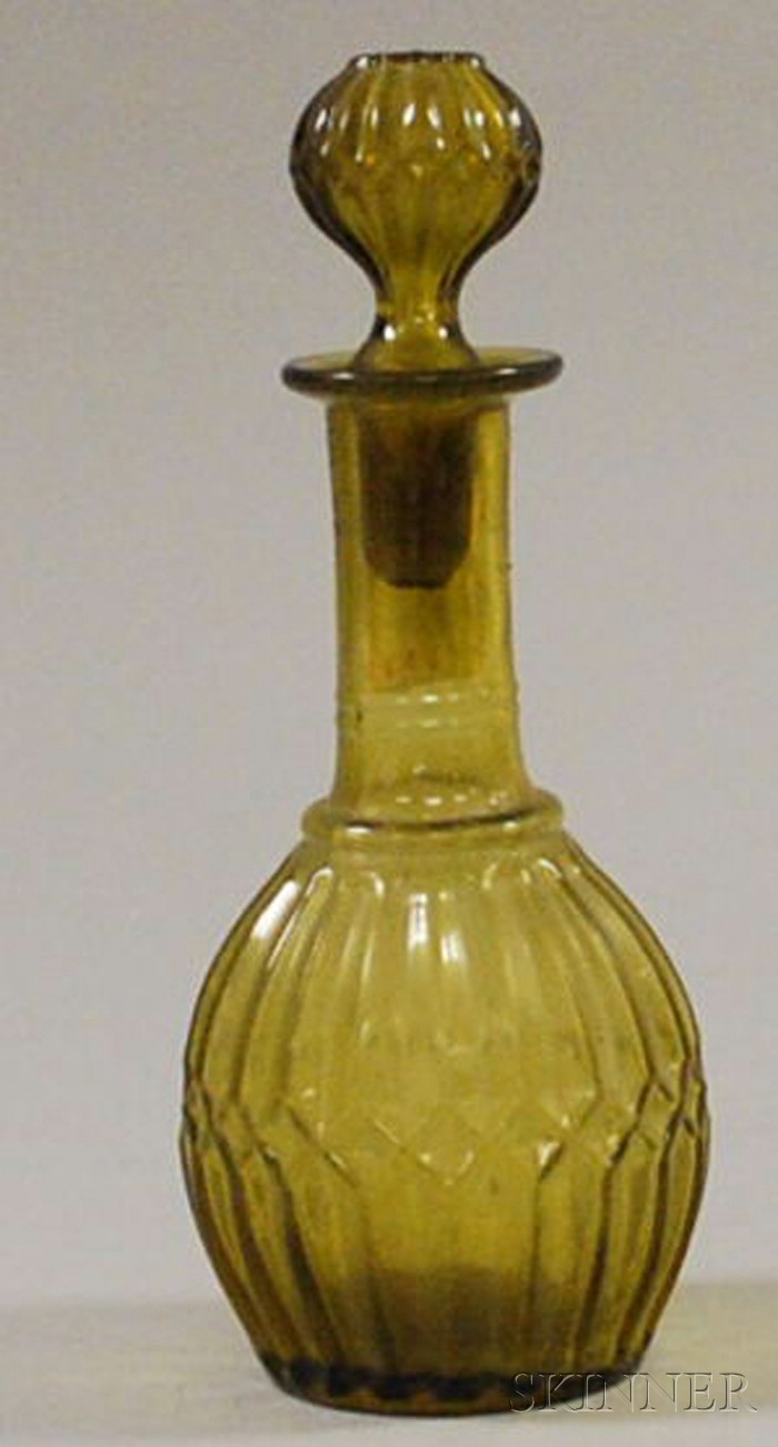 Appraisal: Small Green Amber Blown Molded Glass Bottle with Stopper broken