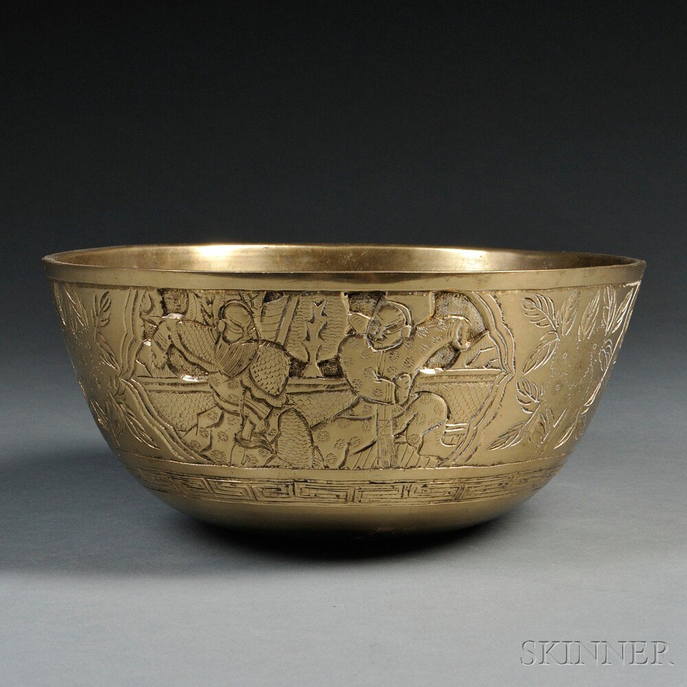 Appraisal: Large Brass Bowl China cast with floral sprigs and reserves