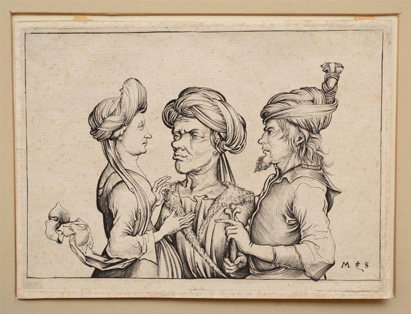 Appraisal: FOLLOWER OF MARTIN SCHONGAUER c - THREE ORIENTAL FIGURES Engraving