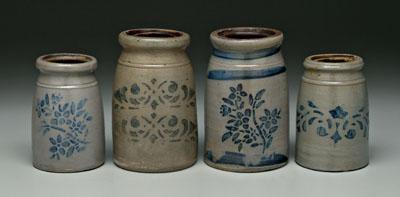 Appraisal: Four stoneware canning jars all salt glazed with stenciled cobalt