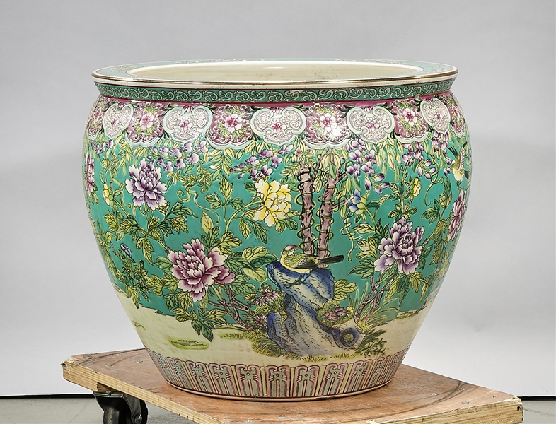 Appraisal: Chinese enameled porcelain fish bowl turquoise ground flowers and birds