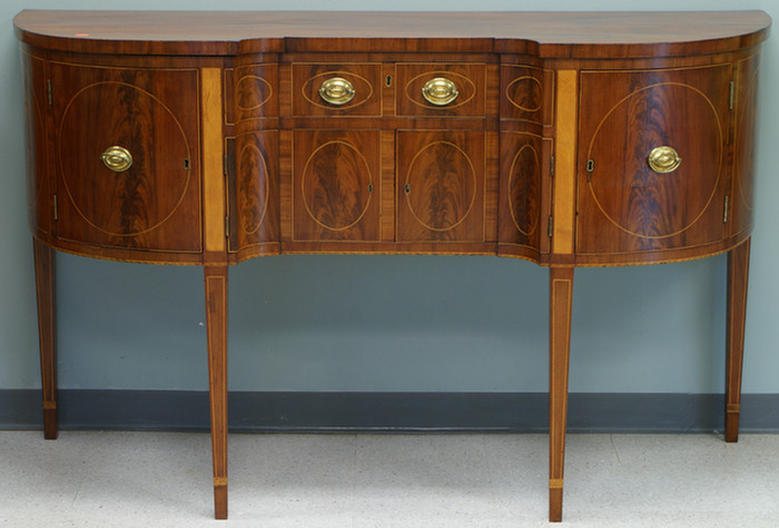 Appraisal: Inlaid mahogany kidney shaped Hepplewhite sideboard central drawer over drawers