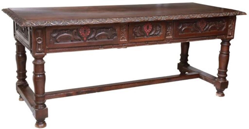 Appraisal: Spanish Baroque library table desk th c carved lunette border