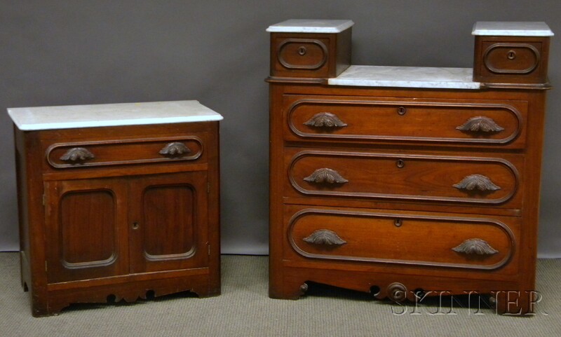 Appraisal: Victorian White Marble-top Carved Walnut Drop-well Bureau and Commode