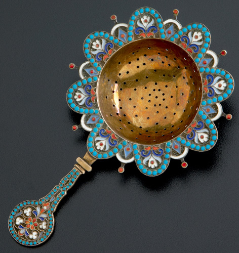 Appraisal: Gustav Klingert Moscow Russian enameled silver tea strainer Scalloped and