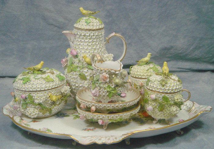 Appraisal: pc Meissen porcelain teaset with applied floral and bird decoration