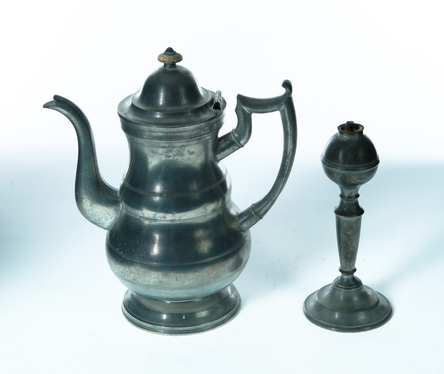 Appraisal: PEWTER LAMP AND COFFEE POT American st half- th century