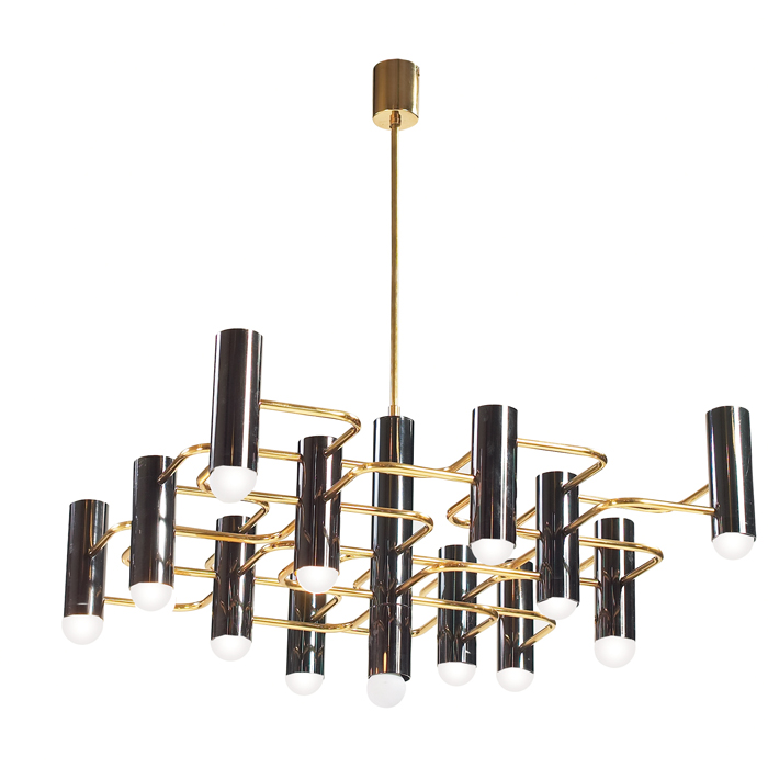 Appraisal: Belgian light fixture geometric brass structure supports twelve lights with