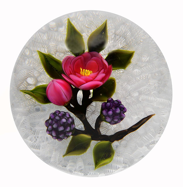 Appraisal: A TRABUCCO PAPERWEIGHT GLASS PAPERWEIGHT with pink flowers and blackberries