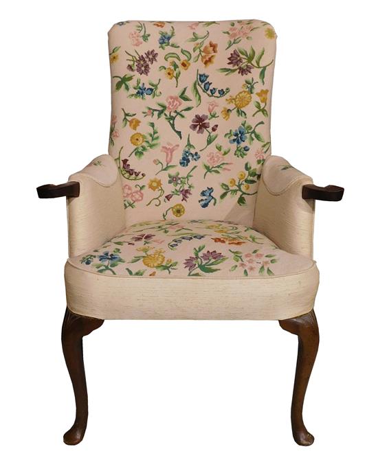 Appraisal: Armchair with needlepoint floral upholstery on dusty pink ground scrolled