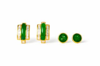 Appraisal: Two Pairs of Jade and Gold Earrings Two Pairs of