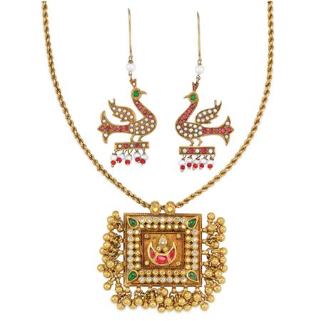 Appraisal: Indian Gold Foiled-Back Stone and Diamond Pendant Necklace and Pair