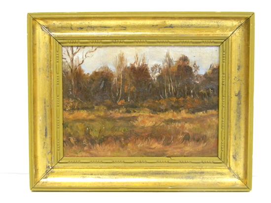 Appraisal: Oil on canvas view of autumn woods palette of brown