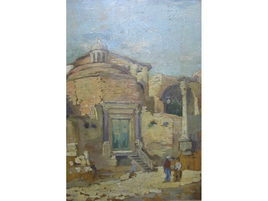 Appraisal: Oil on panel of Classical buildings with figures to the