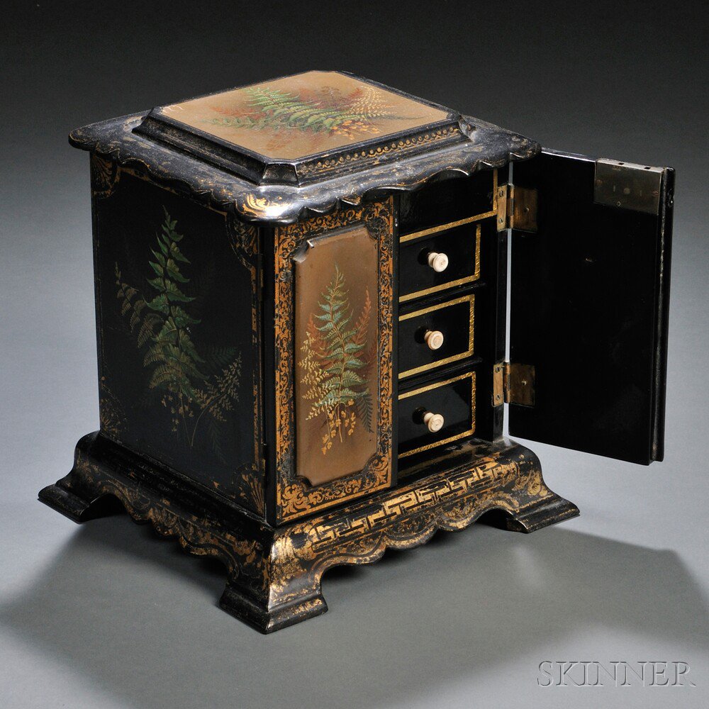 Appraisal: English Papier-mache Sewing Chest c the exterior decorated with ferns