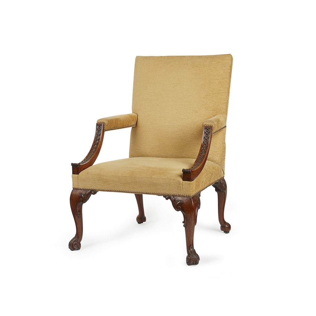 Appraisal: GEORGE III MAHOGANY GAINSBOROUGH ARMCHAIR MID- TH CENTURY the square