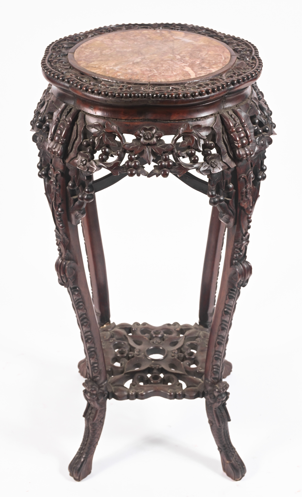 Appraisal: MARBLE TOP CHINESE ROSEWOOD FERN STAND Overall carved pierced Berry