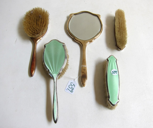 Appraisal: FIVE PIECE GREEN GUILLOCHE VANITY SET consisting of two hair