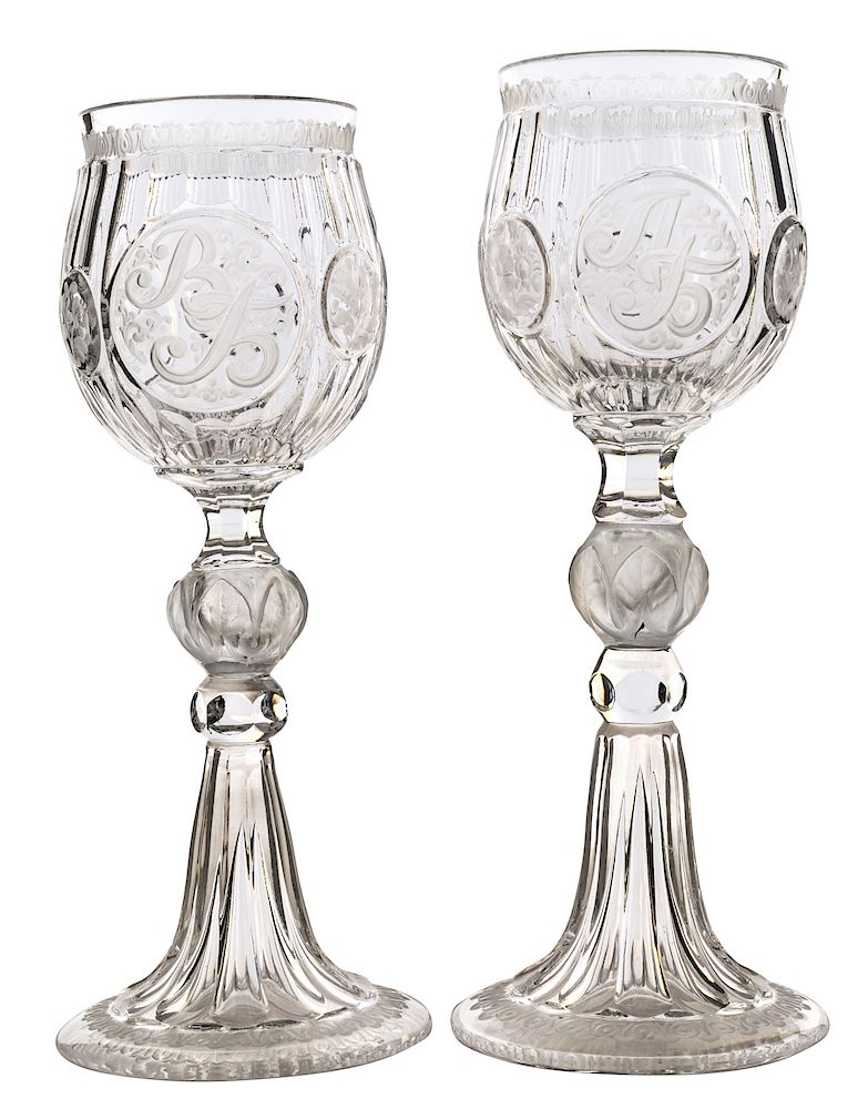 Appraisal: A PAIR OF SOVIET CUT CRYSTAL PRESENTATION GOBLETS TO LEONID