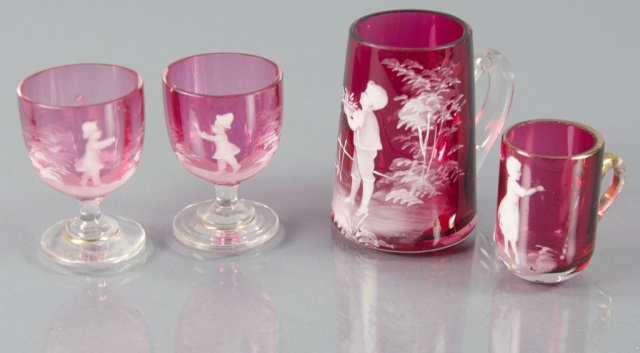 Appraisal: Mary Gregory Cranberry Shot Glasses Handled CupsEach decorated with white