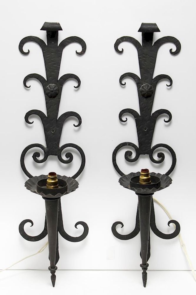 Appraisal: Wrought Iron Candelabra Wall Sconces Black Pair Candelabra wall sconces