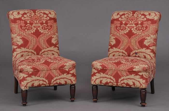 Appraisal: PAIR OF VICTORIAN-STYLE UPHOLSTERED SLIPPER CHAIRS Each with rectangular back