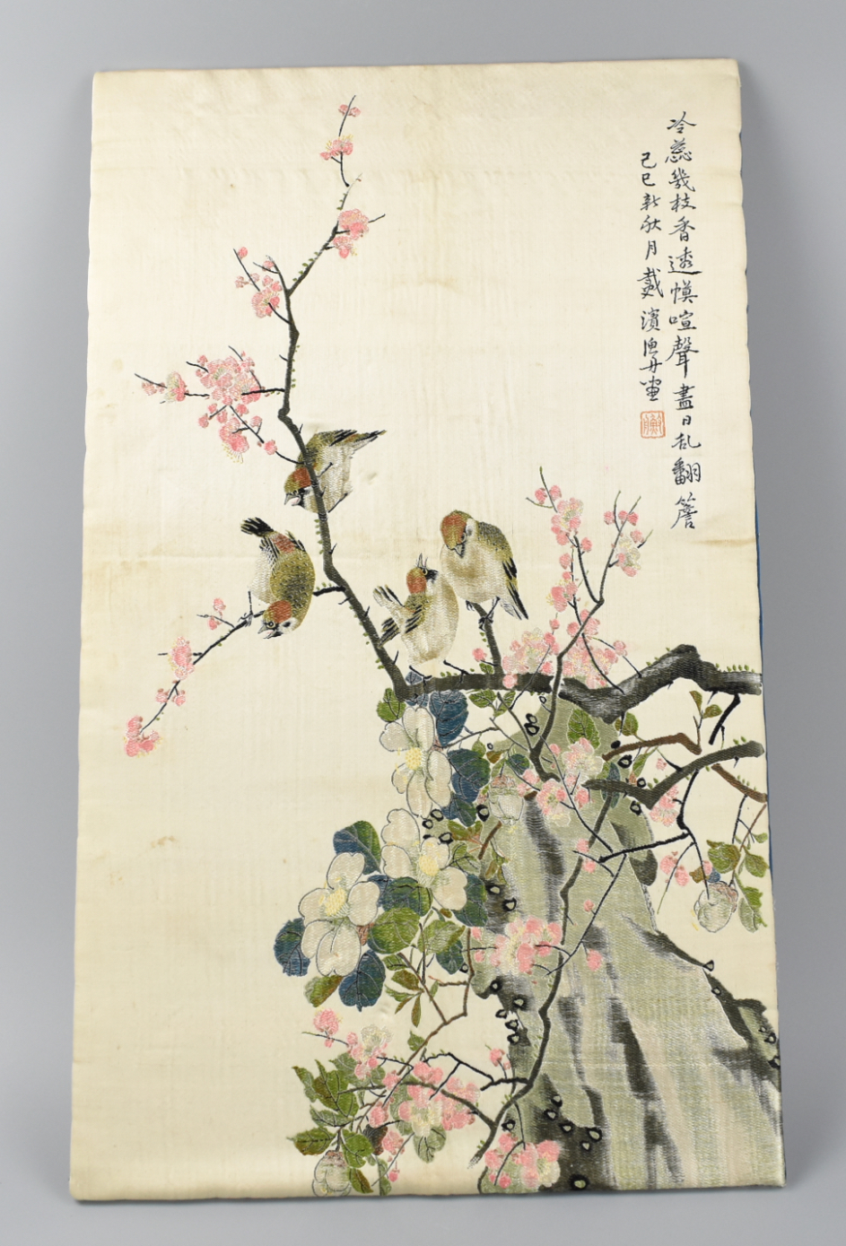 Appraisal: CHINESE EMBROIDERY OF SPARROWS ON BLOSSOM BRANCH A rectangular Chinese