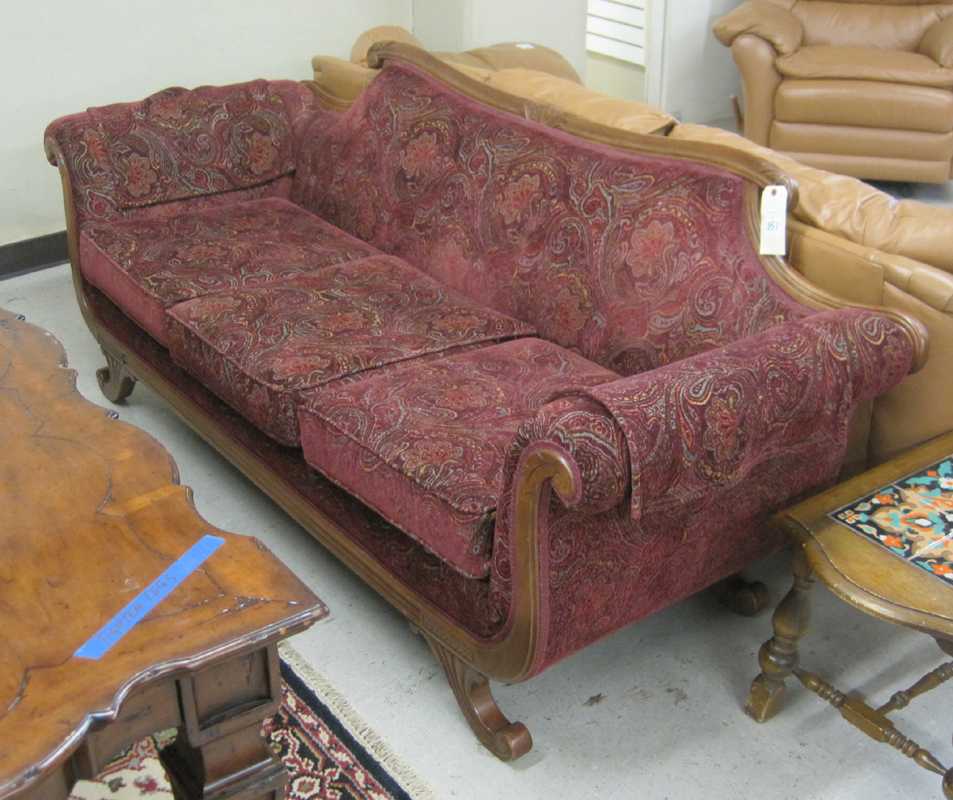 Appraisal: FEDERAL STYLE UPHOLSTERED MAHOGANY SOFA American mid- th century having