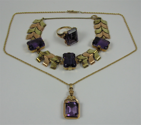 Appraisal: THREE ARTICLES OF AMETHYST AND K GOLD JEWELRY including a