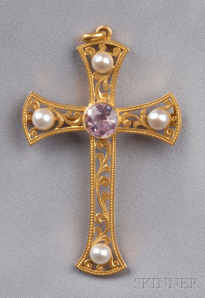 Appraisal: Antique kt Gold Pink Topaz and Pearl Cross Pendant bezel-set