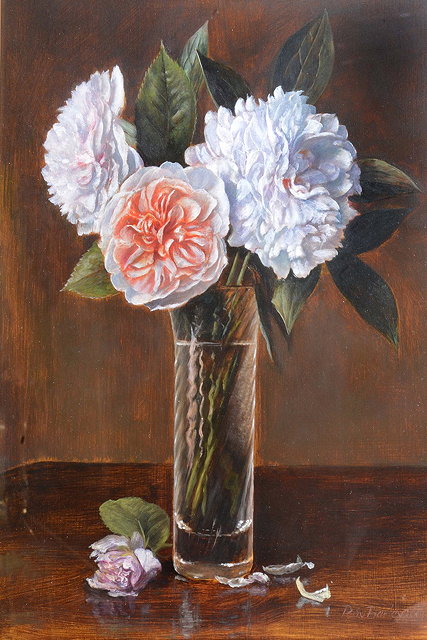 Appraisal: ROY BARLEY b 'Peonies and Rose' signed and dated oils