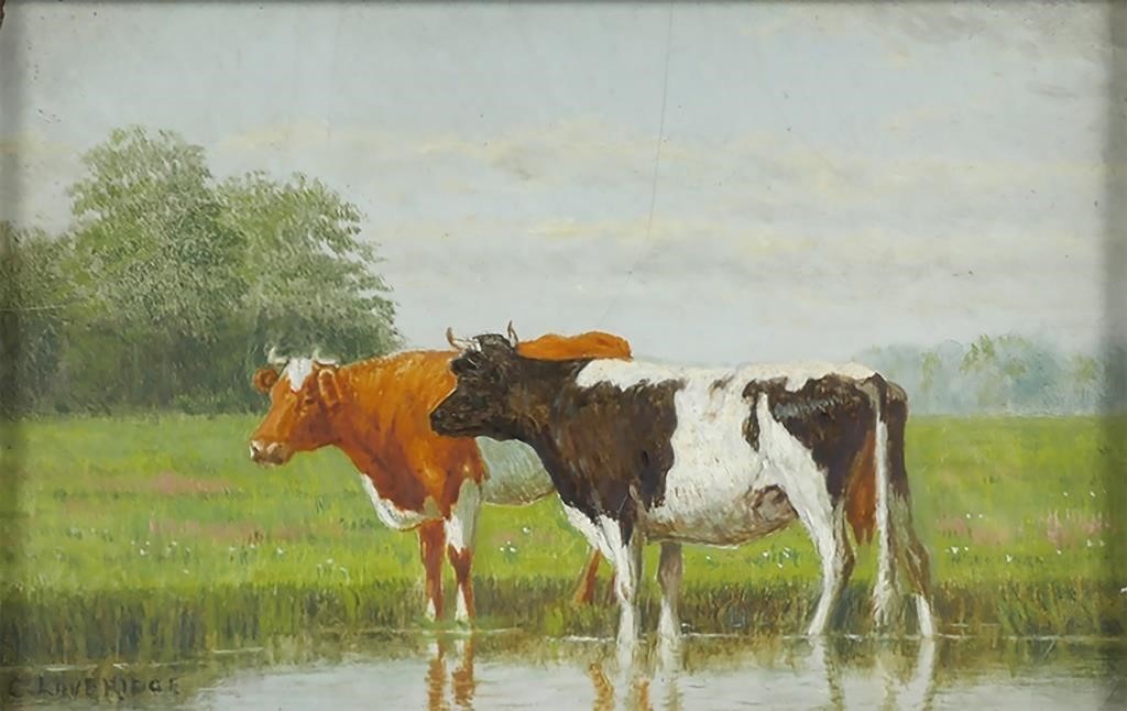 Appraisal: Circa s painting on board of two cows by Loveridge