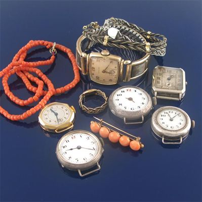 Appraisal: Six assorted wrist watches a coral necklace and brooch two