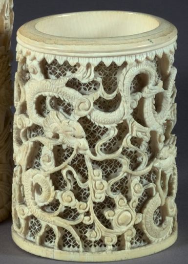 Appraisal: Elaborately Carved and Pierced Tusk Kuang Hsu Ivory Brush Pot