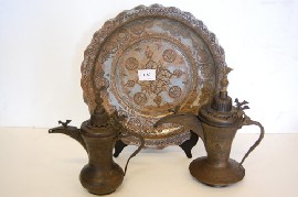 Appraisal: TWO TH CENTURY PERSIAN COFFEE POTS AND COPPER WASH TRAY