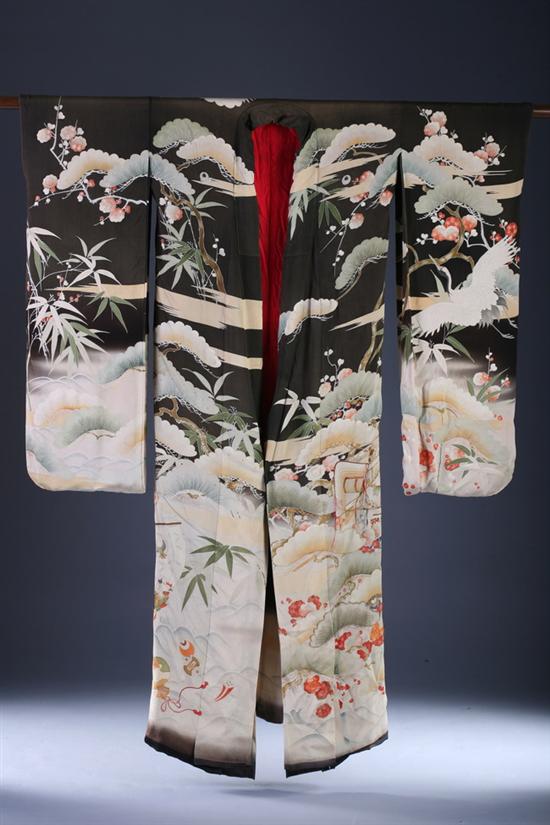 Appraisal: JAPANESE SILK KIMONO Flying crane prunus blossoms and pine decoration