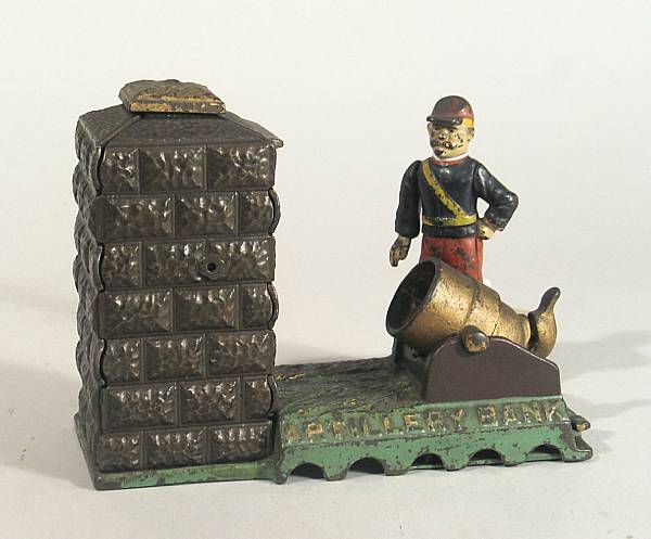 Appraisal: Cast Iron Artillery bank Mechanical bank patent depicting military scene