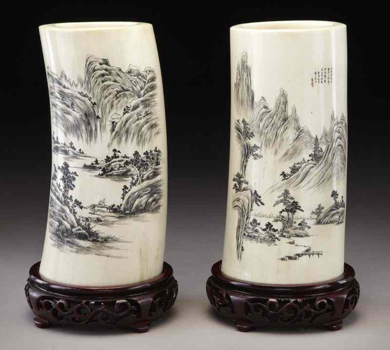 Appraisal: Pr Chinese carved ivory brush pots depicting International buyers should