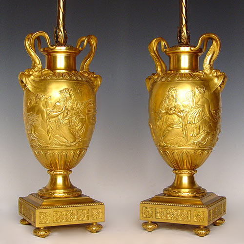 Appraisal: PAIR th C FRENCH BRONZE URNS by FERDINAND BARBEDIENNE Mounted