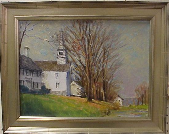 Appraisal: Roger Dennis American - oil on canvasboard Congregational Church Chaplin