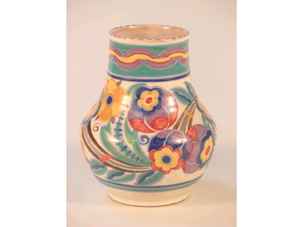 Appraisal: A Poole red earthenware baluster vase painted with colourful flowers