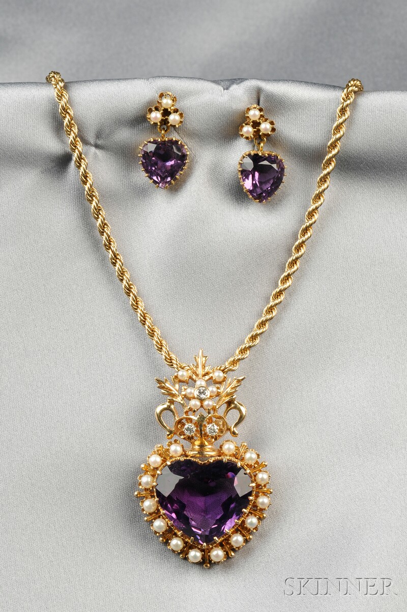 Appraisal: kt Gold Amethyst and Cultured Pearl Pendant and Earpendants the