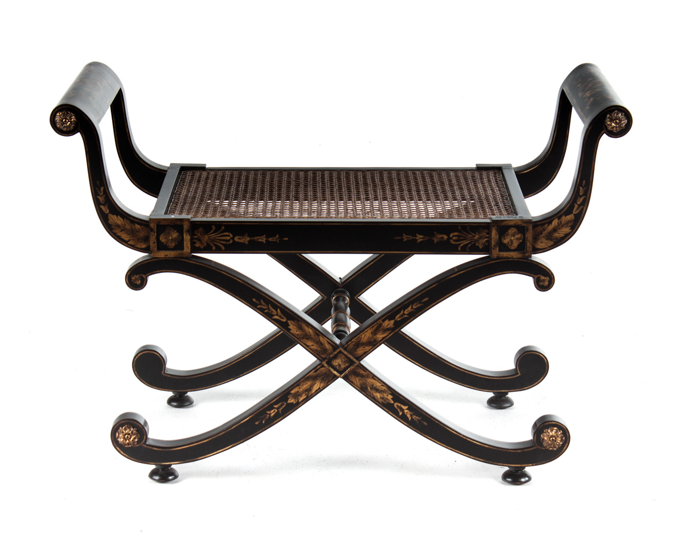 Appraisal: Regency style ebonized caned seat bench seat with raised scroll