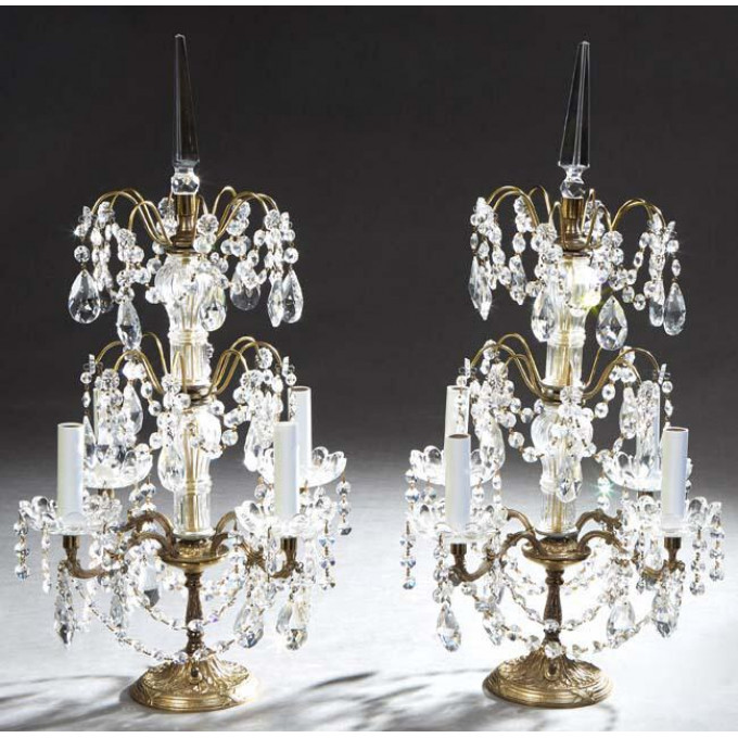 Appraisal: Pair of Four Light Brass and Crystal Girandole Lamps th