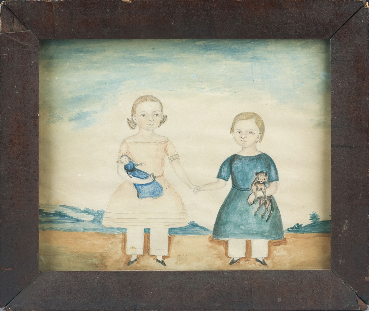 Appraisal: AMERICAN PRIMITIVE WATERCOLOR OF TWO CHILDREN STANDING IN A LANDSCAPE