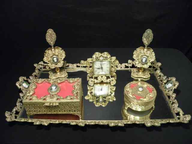 Appraisal: Six piece cast gilded while metal reticulated vanity set Filigree