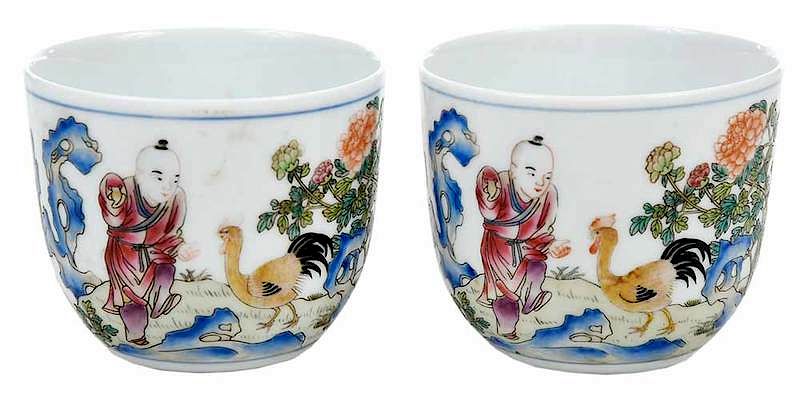 Appraisal: Pair of Famille Rose Rooster Cups Chinese painted decoration of