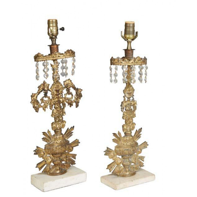 Appraisal: Pair of American Brass and Crystal Prism Hung Girandoles th